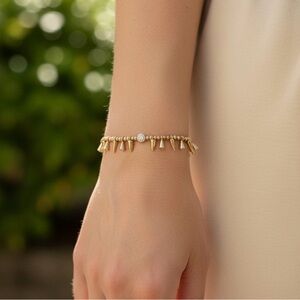 Gold Stretchy Spike Beaded Bracelet with CZ Accent - Women Jewelry